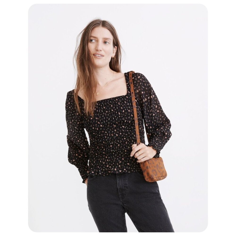 * Madewell (Re)sourced Black Georgette Lucie Bubble-Sleeve Smocked Long Sleeve